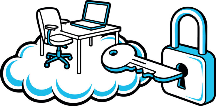 Remote work cloud security illustration with office desk laptop and key entering lock for protected data access.