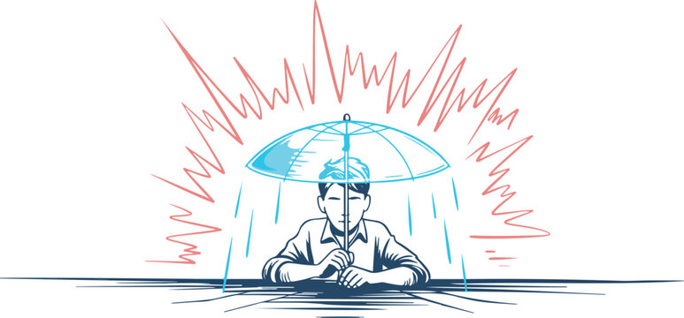 Conceptual illustration of man holding umbrella protecting himself from financial market volatility and risk.