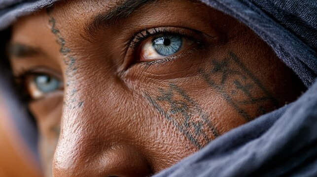 portrait of desert woman with blue eyes and traditional face tattoos