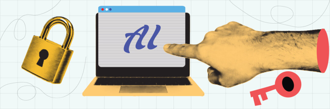 Halftone Pop Art Collage with Hand Pointing at Laptop Screen. Password Security and Cyber Protection Concept. Digital Privacy and Online Access Illustration. Retro Vintage Style
