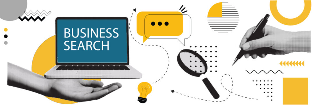 Halftone Pop Art Business Search Concept with Laptop, Magnifying Glass and Writing Hand. Online Research and Communication Illustration. Retro Collage Style