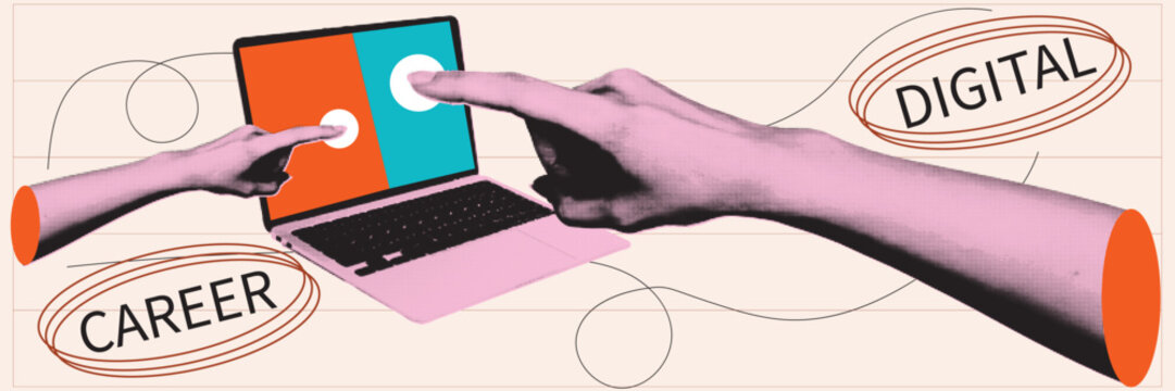 Halftone Pop Art Collage with Hands Pointing at Laptop Screen. Digital Career and Online Opportunity Concept. Technology Education and Remote Work Illustration. Retro Vintage Style