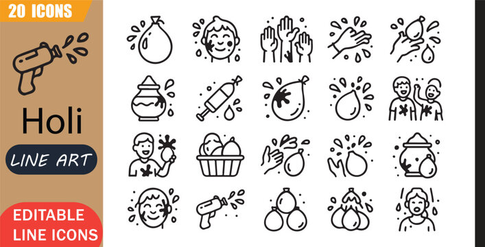 Isolated holi water balloon icons set, 20 editable line art icons set, holi waterballoon celebration, playful colors festival, splash happiness tradition, fun theme style, clean outline vector