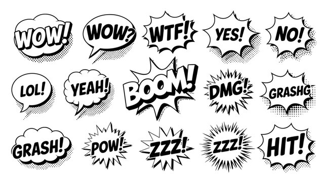 Collection of comic speech bubbles with various expressive sound effects and words