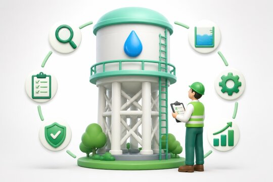 3D illustration of water tank inspection and maintenance with engineer clipboard and utility icons