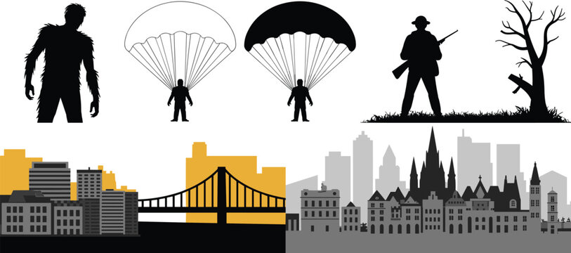 Silhouette collection featuring zombie parachutes soldier dead tree and urban skyline vector illustration set