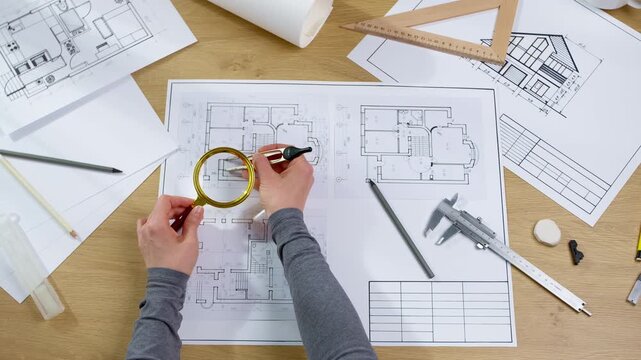 Top view of hands holding drawing compass and magnifying glass over house blueprints at wooden table. Professional architect designing building infrastructure layout using engineering tools.