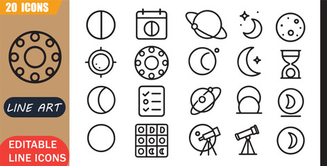 Isolated moon calendar icons set, 20 editable line art icons set, lastquarter mooncalendar lunarcycle, astronomy celestial moonphase, timing orbit space, sky theme style, clean outline vector © MD.Kawsar Hossan