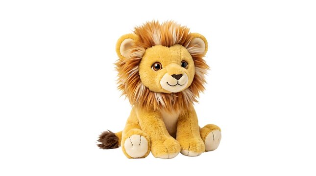 Cute sitting plush lion toy isolated on white background with soft lighting