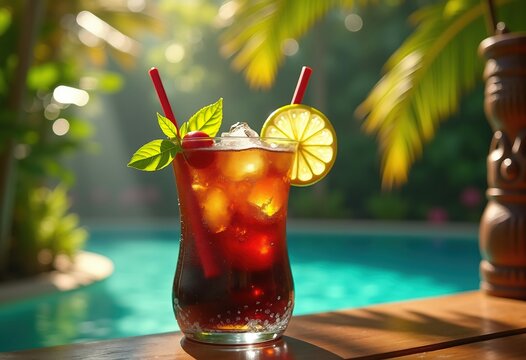 Exotic Tiki Bar Spiced Rum and Cola Vibrant Loaded Scene with Lime Accents