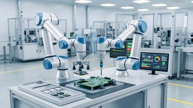 Robotic arms and electronics in modern advanced factory lab