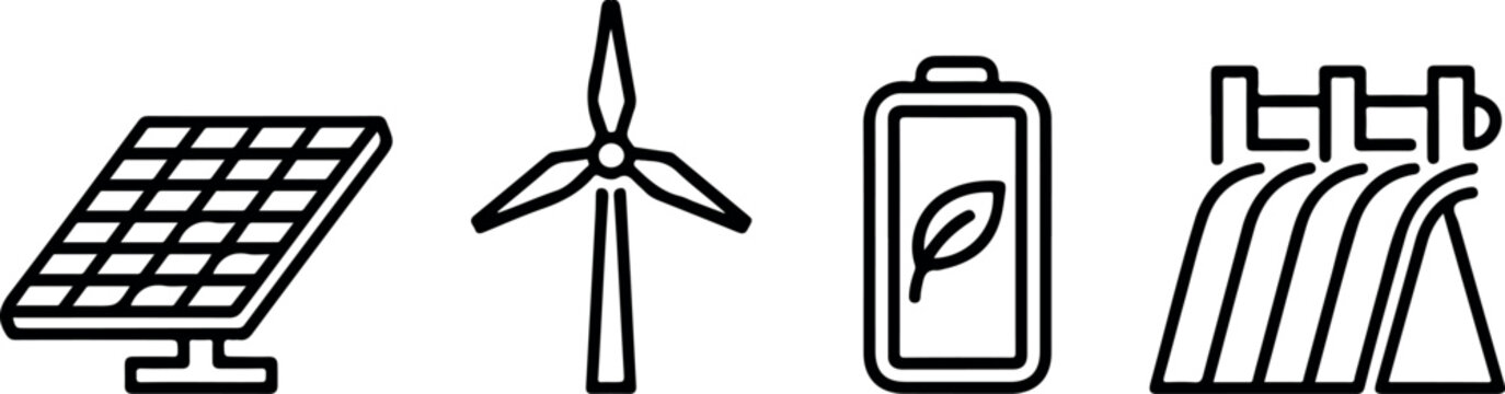 Sustainable energy infrastructure icons representing solar panels wind turbines battery storage and hydro dam.