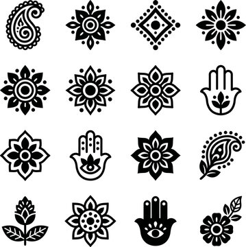 Intricate black and white floral and paisley motifs with hamsa hand symbols on white background
