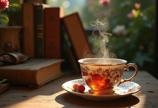 Herbal Tea in Delicate China Cup on Wooden Desk Surrounded by Books and Warm Light