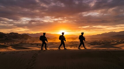 Fototapeta premium Three soldiers walking through desert landscape at sunset