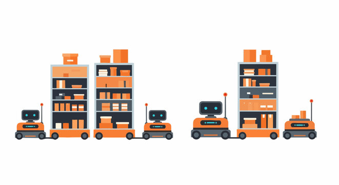 Automated Warehouse Robots Transporting Shelving Units - Smart Logistics and Industry 4.0 Concept Flat Illustration