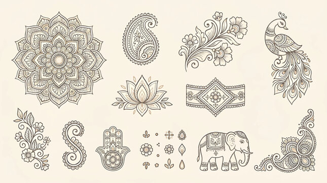 Traditional Mehndi Flower Pattern Outline Vector Set for Henna Drawing and Tattoo Design