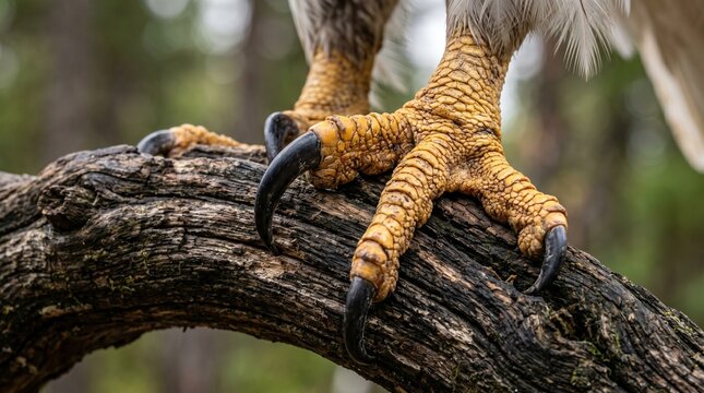 A close-up macro shot focusing purely on the powerful yellow talon and rough scaled foot of a bald eagle gripping a weathered branch