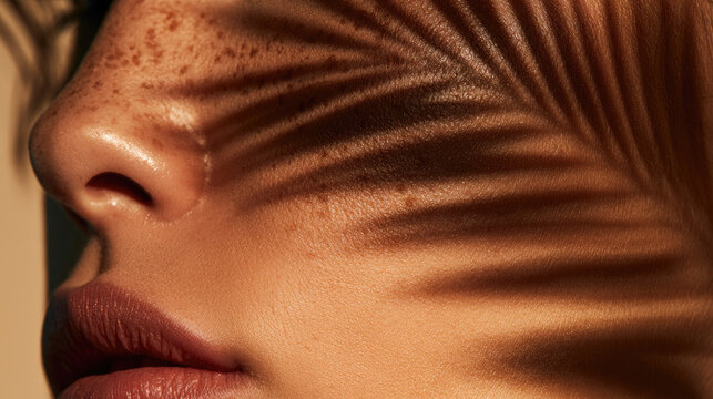 Freckle skin face closeup cheek skin sun spot skin texture tropical shadow palm leaf warm light studio portrait skincare background