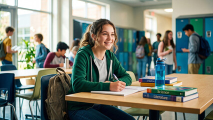 Fototapeta premium Teenage girl writing notes in notebook at school table. Science literature and history books nearby. Student focused on learning and education in classroom environment