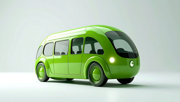 Futuristic green autonomous electric shuttle bus with panoramic windows, a clean energy concept for public transportation and urban mobility