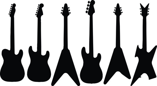 Black silhouette shapes of musical instruments variety including rock metal flying v and heavy style electric guitars vectors