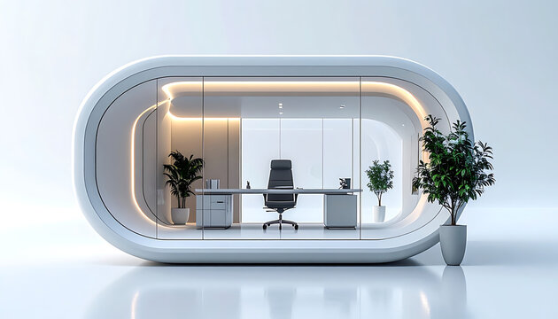 Futuristic minimalist office pod with modern desk and ergonomic chair, illuminated interior, glass walls, and green potted plants, clean design for remote work or executive workspace