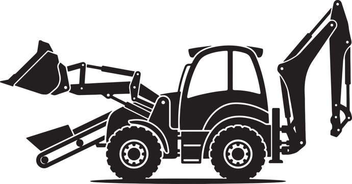 Black silhouette of backhoe loader heavy equipment with bucket and extended arm also transparent background