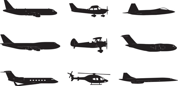 Silhouettes of various aircraft types including airplanes, jets, and helicopters also transparent background