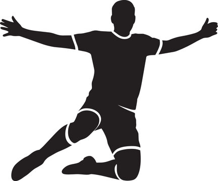 Silhouette of a male athlete in motion with arms outstretched, wearing sportswear with contrasting trim, dynamic pose and thumps up and black and whit