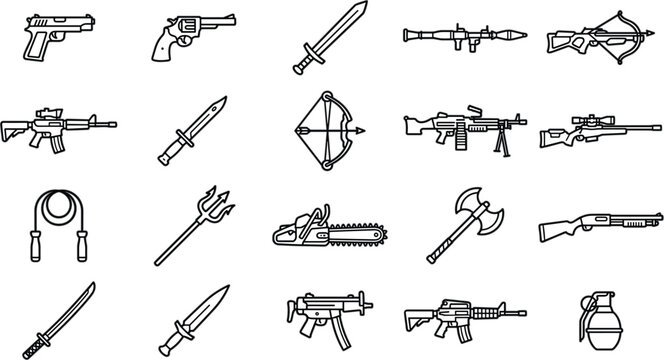 Weapon and Military Line Icon Set Featuring Guns Swords Rifles Grenades Crossbows and Tactical Combat Equipment Symbols