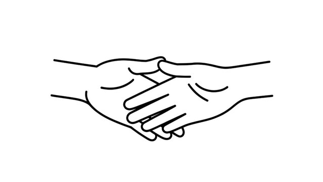 Two hands shaking in a handshake gesture with fingers interlocked