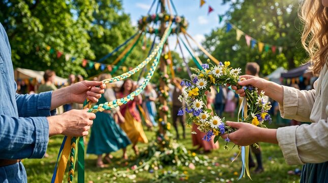 Man and woman holding colorful maypole ribbons and flower wreath at traditional outdoor festival. Spring folk celebration concept for community traditions and cultural heritage