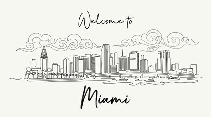 Fototapeta premium Miami Florida Skyline Illustration - Cityscape Art, Welcome Sign