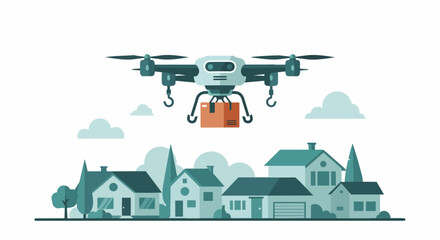 Obraz premium Autonomous Delivery Drone Carrying Package Over Houses in Suburb, Flat Design Vector Illustration