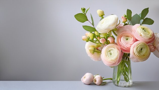 Pastel Ranunculus Flowers And A Quince Branch With Pink Buds In A Glass Vase Against A Light Gray Background Delicate Bouquet For Spring Holidays Like Easter Copy Space Selected Focus Vertical