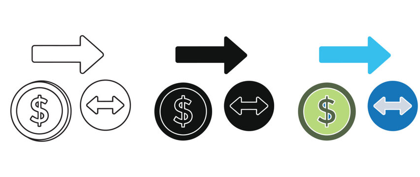 Three directional arrows paired with circular money icons in different colors
