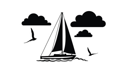 Sailboat with Sails Raised on Calm Waters with Birds and Clouds Featuring Sailing, Boat, Water with Ocean and Sea Elements for Travel, Vacation © fariya