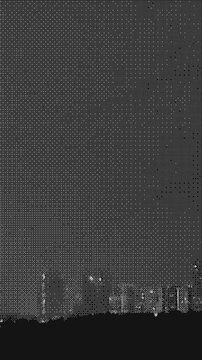 Lightning strike over city silhouette, retro dithering style. Grayscale, vertical format, pixel art aesthetic for creative use.