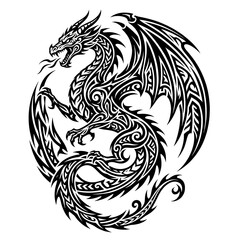 Fototapeta premium Tribal Dragon Circle Symbol Line Art Illustration Black and White Design