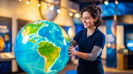 Naklejka premium Woman museum guide holding large educational globe in planetarium exhibit. Smiling young woman demonstrating world geography and space