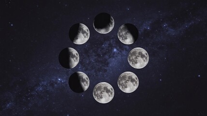 Obraz premium Circular sequence of eight lunar phases – Perfect for educational charts, astronomy websites, or cosmic design prints.