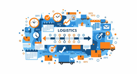 Obraz premium Logistics and Supply Chain Management Concept Illustration with Delivery Trucks, Clocks, Calendars, and Shipping Icons on White Background