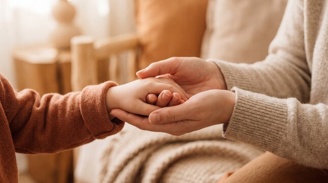 Woman holding toddlers hands in warm embrace. Mother and child bonding moment in cozy home setting. Symbol of family protection and safety for international missing child day awareness