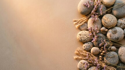 Obraz premium Zen still life with smooth stones and dried flowers on beige background