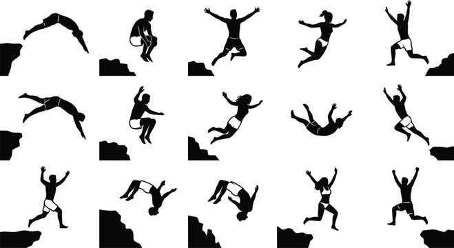 Athletes performing parkour jumps and flips