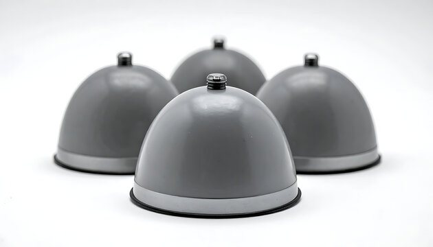 Four gray dome-shaped objects with metallic trim and a central silver screw on a white background, arranged in a shallow depth of field