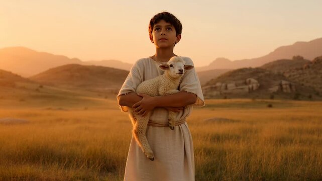 A young biblical boy holding a sacrificial lamb at sunset. Child with a reverent expression looking up in faith. Religious scene symbolizing innocence and devotion
