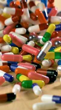 Pills and pill bottle fall onto a wooden surface in slow motion. Vertical Video.