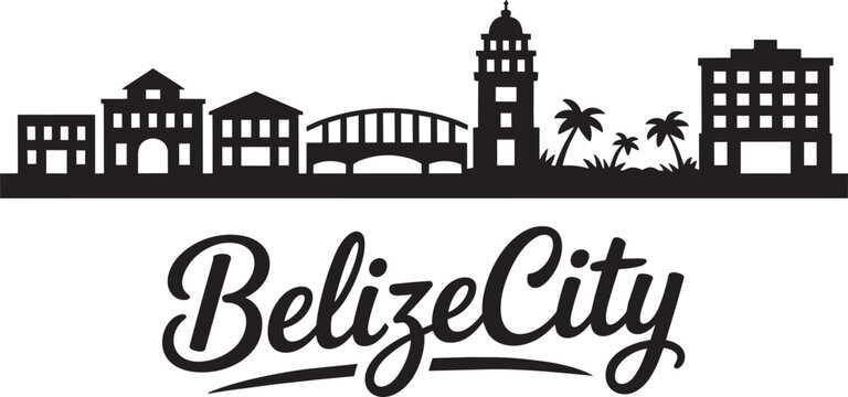 Belize city skyline silhouette with bridge and lighthouse, tropical palm trees and buildings vector illustration and Central America and black and whi